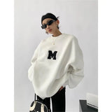 Women Letter Embroidery Gray Sweatshirts Oversize Long Sleeve O Neck Loose Pullovers Female Streetwear Hoodies Tops Autumn