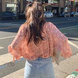 Sweet Sunscreen Shirt Women Casual Holiday Floral V Neck Chic Chiffon Blouse Korean Fashion Elegant Loose All Match