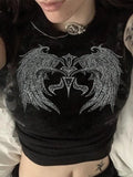 Rhinestone Decor Grunge Wing Printed Crop Top- Outfit
