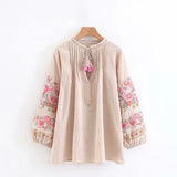 Queens Vintage Chic Women Bohemian Tassel Beach Floral Embroidery Linen Cotton Blouse Loose Boho Shirts