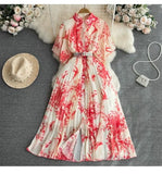 Style Retro Temperament Short-Sleeved Clapping Single-Dran A-Word Print 100-Fold Shirt Dress