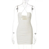 2022 Sleeveless Halter Backless Hollow Out Pleat Bodycon Dress Summer Sexy Women Streetwear Y2K Party Club