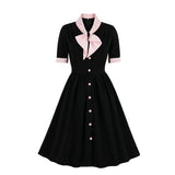 Vintage Midi Dress Women Summer 50s Bow Collar Elegant Office Casual Button Shirt Jurk Ladies Retro Rockabilly