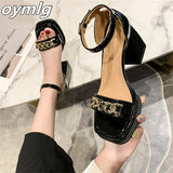 summer new one word with open toe thick heel sandals women's fashion temperament chain waterproof platform high