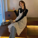 Sweet Fairy Dress Women Vintage Elegant Lace Sheer Spaghetti Strap Midi Dresses Summer Y2K Baggy See Through Sundress