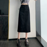 Vintage Slit Denim Skirts Women A Line High Waist Solid Midi Skirt Korean Office Lady Casual All Match Straight Skirts