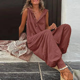 Button Sleeveless Beach Romper Simple Solid Cross-pants Lady Playsuit Women Casual Loose Hooded Jumpsuit Summer