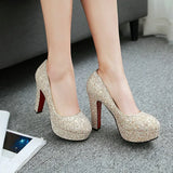 New Style Sexy Sequined Platform Shoes Female Square High Heels Pumps Slip On Party Wedding Shoes
