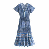 Queens Women Floral Print Beach Bohemian Rayon Maxi Dresses Ladies Deep V Neck Button Boho Pleated Dress