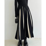 Knitted Pleated Midi Skirts Women Elegant Patchwork A Line Skirt Autumn Winter Korean Vintage Thick High Waist Slim