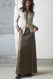 Spring Autumn Color Block Brown Pu Leather Maxi Skirt Women with Back Slit High Waist Long Luxury Designer Clothes