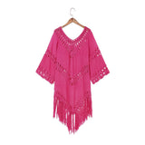 Queens Women Solid Half Sleeve Beach Tassel Loose Bohemian Mini Dress Ladies V-neck Boho Sundress