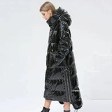 degrees Waterproof Thick Winter Super Long Down Coat Women Puffer Jacket Shiny Laser 90% White Duck Down Jacket Hooded