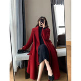 Belt Long Wool Coats Women Vintage Lace Up Woolen Overcoat Korean Bandage Thick Jacket Winter Elegant Red Chic Outwear
