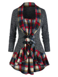 Neck Long Sleeve Shirt Women Buckles Plaid Mixed Media T Shirt Dark Gray Casual Skinny Gothic Tunic Woman T