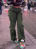 Green Cargo Pants Baggy Jeans Women Fashion Streetwear Pockets Straight High Waist Casual Vintage Denim Trousers