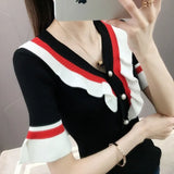 Short-sleeved Knitted Sweater Female Stitching Slim Button Color Matching V-neck Sweater Pullover Women Spring