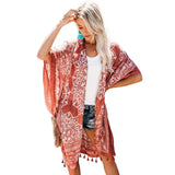 Bikini Cover-ups Boho Printed Fringed Long Kimono Carfigan Tunic Women Plus Size Beach Wear Swim Suit Cover Up