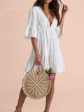 Sexy Deep V-Neck V Back Flare Sleeve High Waist Women Summer Beach Wear A Line Mini Dress White Cotton Tunic Sarong
