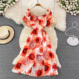 Vintage Women Printed Dresss Sexy Square Collar Short Puff Sleeve High Waist A-Line Vacation Beach Vestidos Female