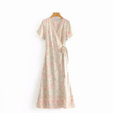Queens Women Floral Print Cross V-neck Beach Bohemian Maxi Dress Ladies Ruffles Boho Pleated