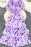 Women Floral Ruffle Pleated Long Dress Vintage V-Neck Short Sleeve High Waist Tierred Maxi Robe Vacation Beach