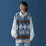 Style Oversize Sweater Woman Argyle Kawaii Bear Women's Knitted Vest Loose Korean Pullover Sleeveless Sweater for