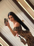 Slash Neck Leopard Print Midi Dress- Outfit