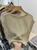 Top Women Summer Ice Silk Solid T-shirt Sleeveless Knit Top Women French Top 2023 Slim Bottom Shirt Elegant Blusas