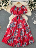 Bohemian Floral Chiffon Long Dress Women Sexy Off Shoulder Ruffle Puff Short Sleeve High Waist A-Line Big Swing