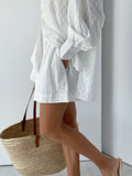 White Elegant Jacquard Fabric Soft Vacation Suits Women Long Sleeves Shirts And Hot Pants Two Pieces Outfits