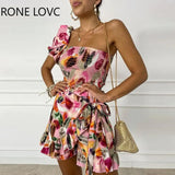 Women Floral One Shoulder Shirring Top & Wrap Skirt Two Pieces