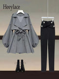 Office Ladies Elegant 2 Piece Sets Women Korean FashionTurn-down Iantern Long Sleeve Trench Coat And Bodycon Pants