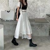 Black Gothic Y2K Long Skirt Autumn Lace Stitching Irregular Pleated Skirt Women White Korean Solid Hip Hop