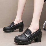Lefu Shoes Women's Spring And Autumn Women's Shoes Coarse Heel Waterproof Platform British Small Leather Shoes Retro Black One-Legged Single