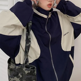 Contrast Color Block Bomber Jacket-Outfit