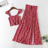Queens Women Two Piece Outfits Off Shoulder Sleeveless Tops Bohemian Tassel Drawstring Skirts 2 Pieces Boho