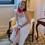 White Lace Buttoned Halter Midi Dress- Outfit