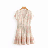 Queens Women Peacock Floral Print Deep V-neck Bohemian Mini Dress Ladies Short Sleeve Boho Dresses