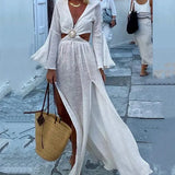 Long Sleeve V Neck Pleated Long Dress Women Sexy Bell Sleeve Deep V Hollow Slit Dress Ladies Fashion Solid Loose