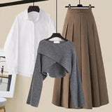 3 Piece Set For Women Outfit Office Ladies Elegant Irregular Knitted Tops+white Blouse+high Waist Pleated Skirt Sets