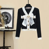 Women Autumn Winter Vintage fragrant Knitted Two Pieces Sets Korean Long Sleeve Knit Cardigan And High Waist Plaid Skirts