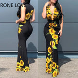 Women Deep V-Neck Plunge Sunflower Print Slit Maxi Dress Maxi Dress Elegant Fashion Chic