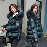 Women Winter Hooded Thick Short Jacket Solid Casual Glossy Warm Cotton Padded Parkas Fur Collar Winter Coat