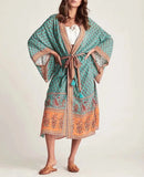 Queens Women Floral Print Sashes Bohemian Kimono Dress Ladies V Neck Batwing Sleeves Beach Boho Maxi Robe