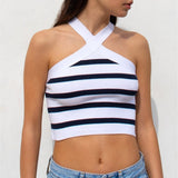 Summer New Striped Cross Hanging Neck Sexy Knitting Bottom Bra Wear Vest Women's