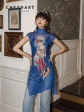 Buddha Print Turtleneck Long Mesh Blouse Women Blue Short Sleeve Summer Ladies Asymmetrical Top Fashion