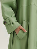 Spring Oversized Long Green Black Soft Pu Leather Trench Coat for Women Raglan Sleeve Belt Single Breasted Fashion