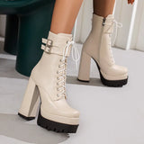Platform Women Punk Boots Square Toe Super High Heel Ankle Boots Lace Up Zipper Motorcycle Boots Autumn Winter Lady
