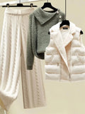 Warm 3 Piece Set Women Pullover Sweater + Wide Leg Pants +Lamb Wool Vest Outfits Knitted Suit Tracksuit Womens